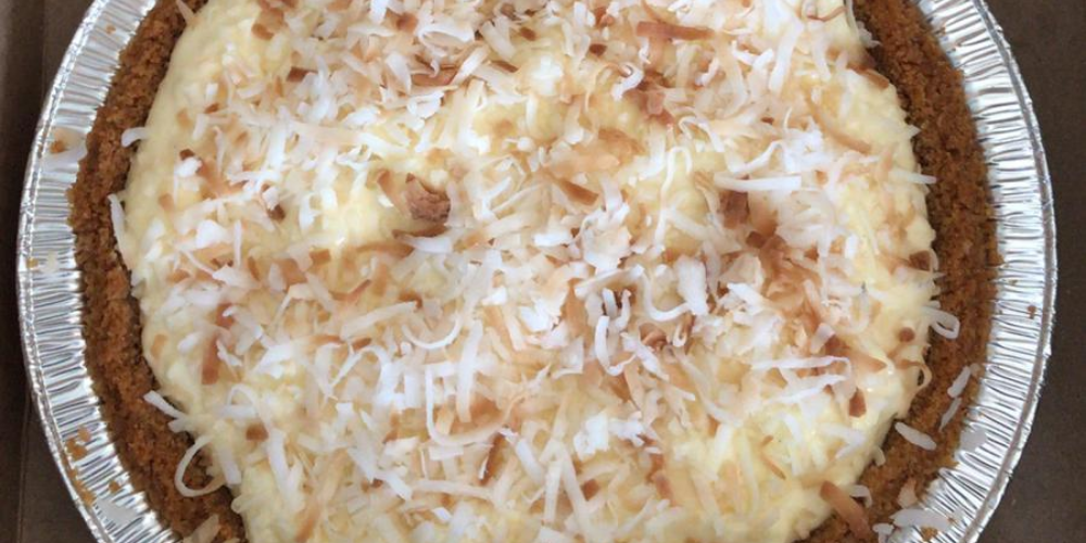 Coconut pudding pie from Oh Honey Pie in Champaign with toasted coconut bits on the top. Photo by Thomas Nicol.