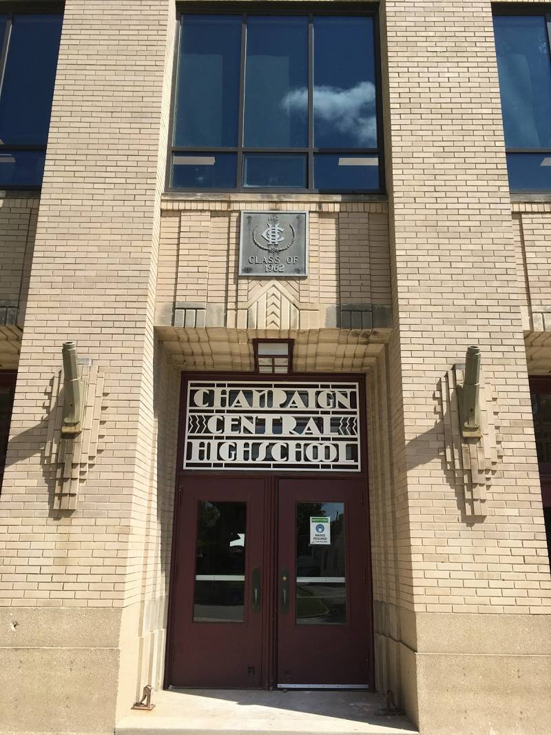 Entrance to present Champaign Central High School. Concrete Art Deco design with sign over doorway, 