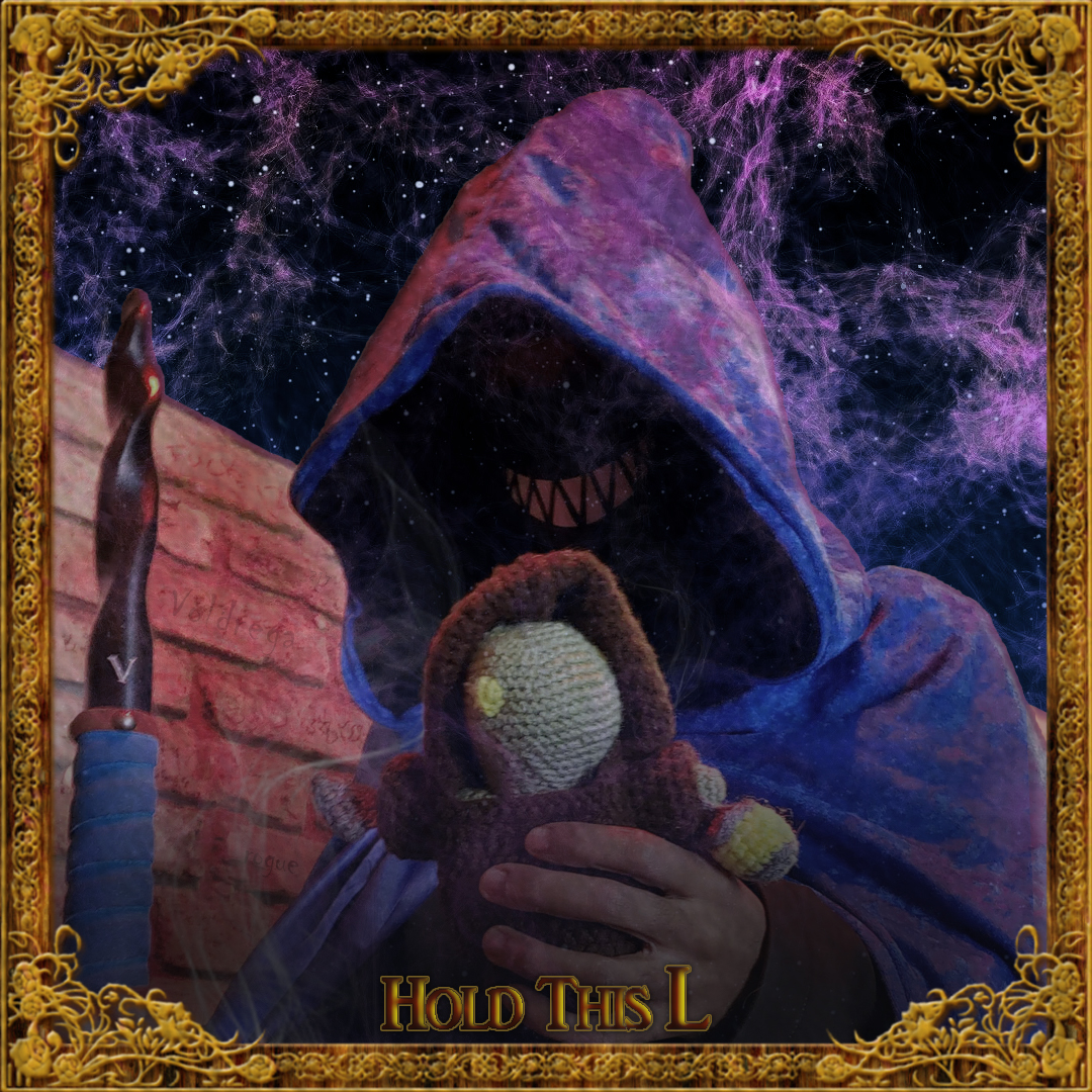 Album art for Hold this L, featuring a gold edging border, and a person wearing a purple wizard outfit, holding a doll in front of the camera. PHoto provide by Artist.