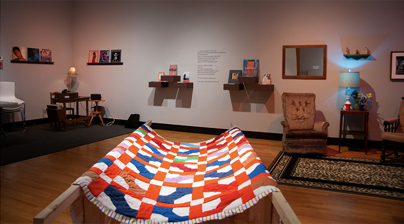 Photo of Homemade, with Love: More Living Room installation at Krannert Art Museum featuring textiles. Photo from Krannert Art Museum website