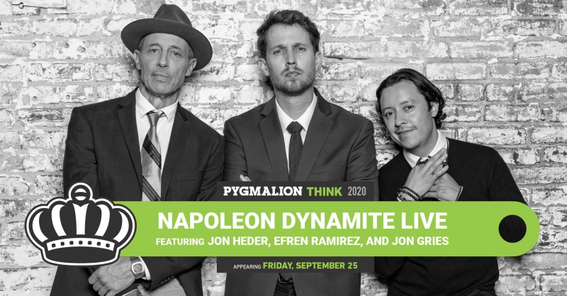 Three men are standing shoulder to shoulder, wearing suit jackets and ties. A green banner across the bottom reads Napoleon Dynamite Live. Image from Facebook event page.