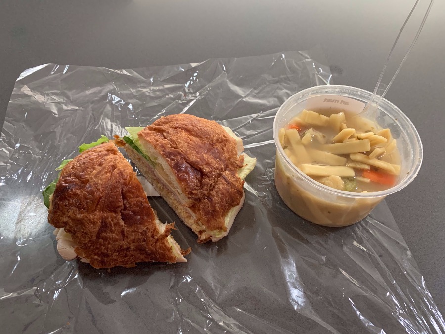 Turkey sandwich and chicken soup from Art Mart on cellophane wrapper. Photo by Stephanie Wheatley.