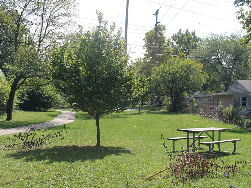 a picture of Thompson Park walking path with a table and benches