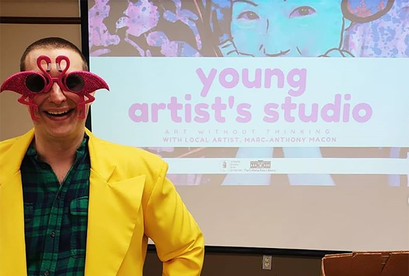 Photo of artist Marc-Anthony Macon at his Young Artist's Studio workshop. Photo courtesy of the Urbana Arts & Culture Program,