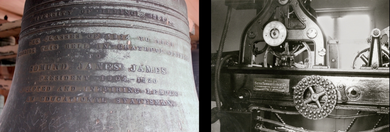 Two photos. The photo on the left is of a large metal bell. There is raised typed with a dedication to Edmund James. Photo by Cope Cumpston. The photo on the right is black and white and shows an automated clock mechanism. Photo from Altgeld Bells archives.
