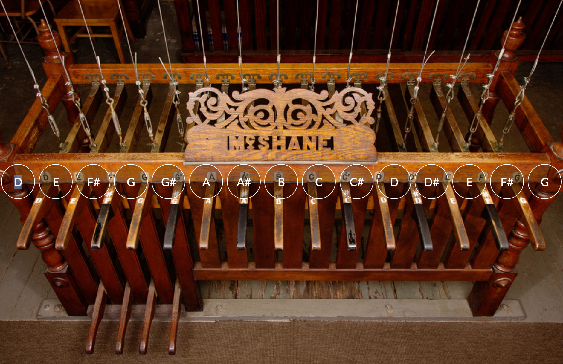 An image of wooden paddles and pedals that control the chimes. There are letters superimposed over the photo designated the note for each paddle. Photo by Cope Cumpston.