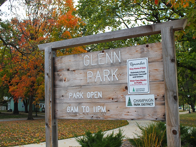 a wooden sign that states Glenn Park 