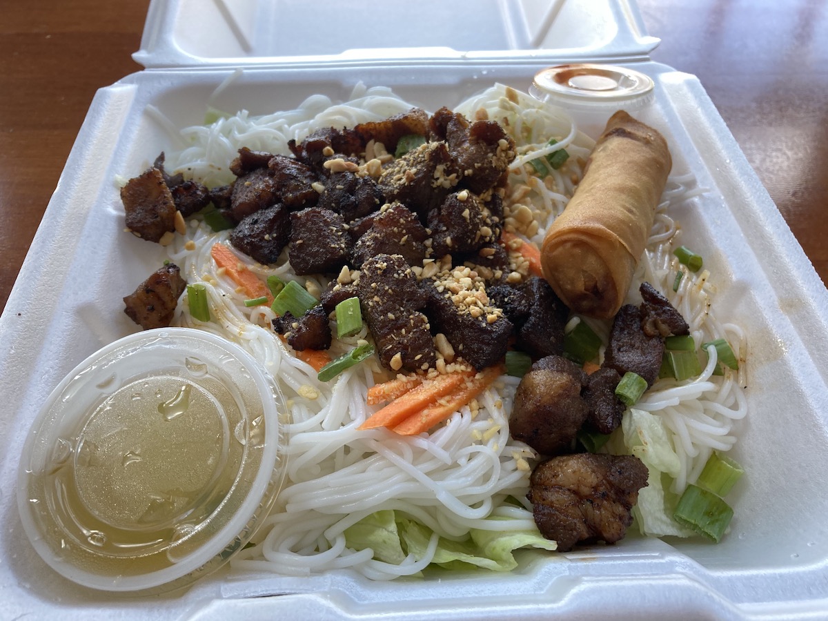 Xinh Xinh CafÃ©s Bun Thit Nuong in a styrofoam container. Photo by Anthony Erlinger.