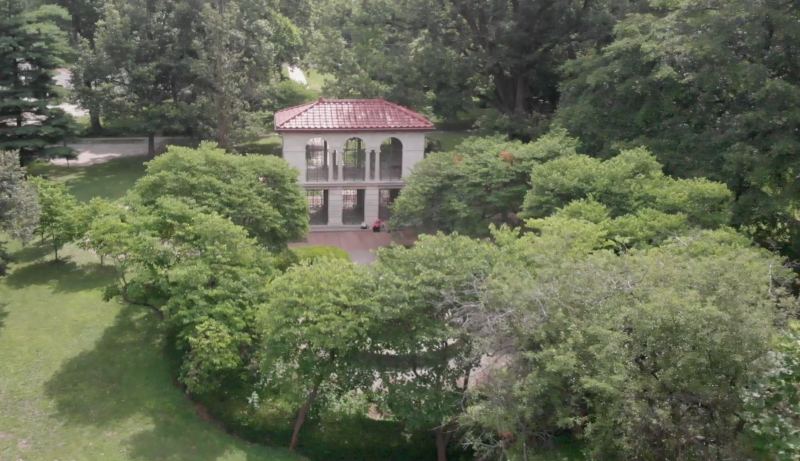 An overhead drone picture of the pavilion in Carle Park 