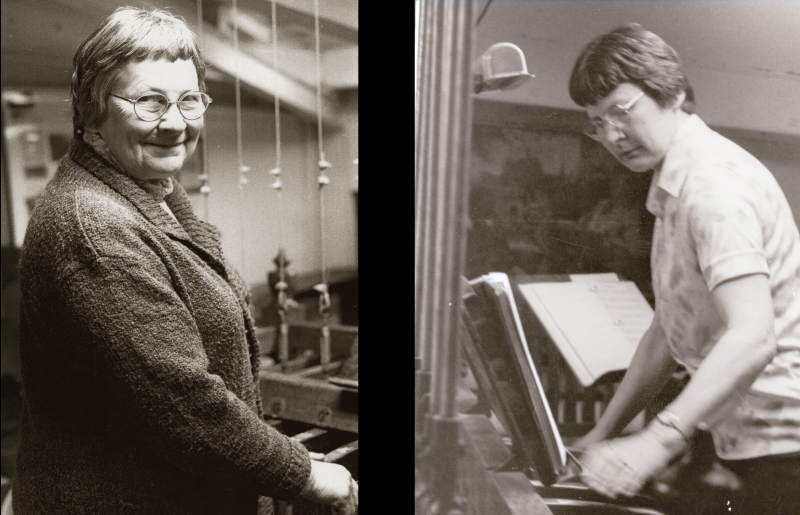 Two black and white photos of a woman with short hair and glasses standing in front of the wooden keyboard. In the first she is facing the camera, in the second she is playing the keyboard. Photos from Altgeld Chimes archives. 