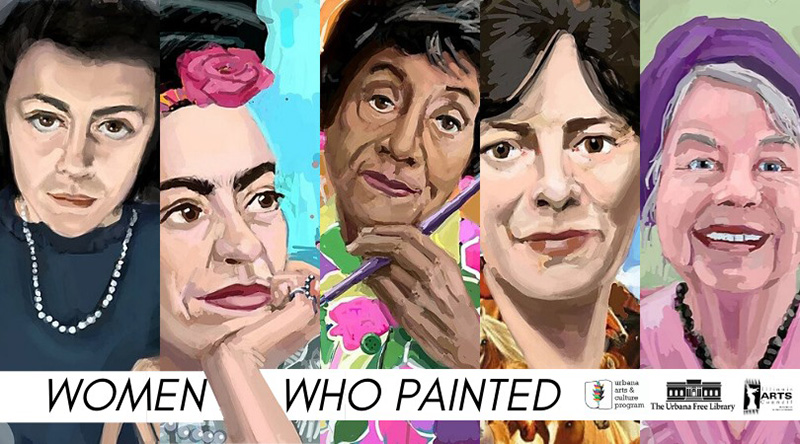 Collage of five women artists' portraits from the Women Who Painted collection by artist Paula McCarty. Image from Facebook