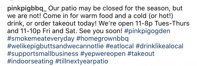 A screenshot of an Instagram post from Pink Pig BBQ, referencing the fact that they are serving food indoors. Screenshot from Pink Pig BBQ Instagram.
