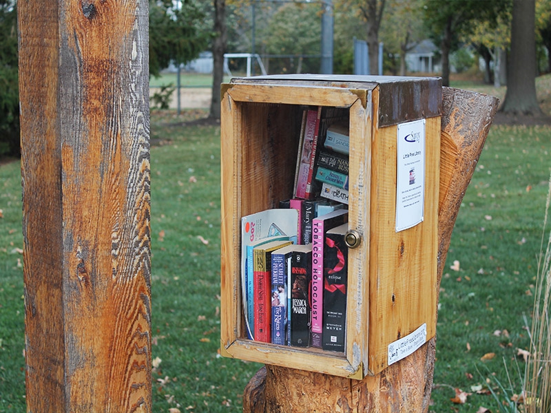 a wooden box in the park that is a little library is filled with books for borrowing