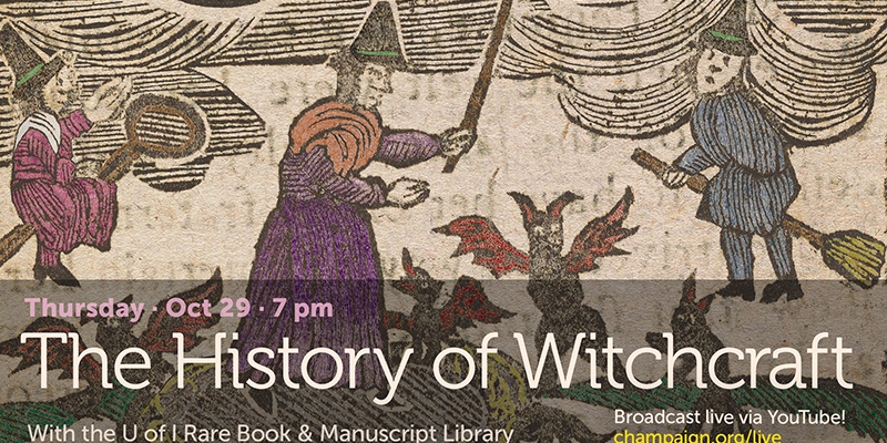 A promotional poster featuring witchcraft drawings and The History of Witchcraft in white text.