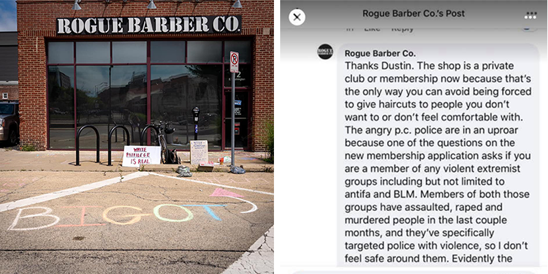 Two images inside one image graphic: Left is the front view of Rogue Barber Company with chalking 