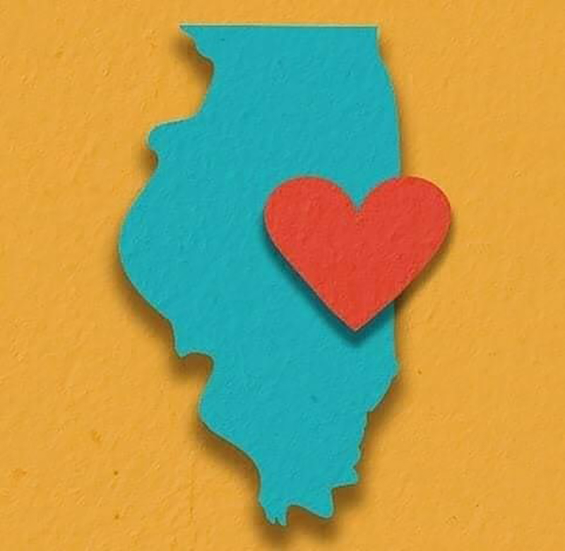 A yellow graphic with a teal state of Illinois, featuring a red heart on top of it.