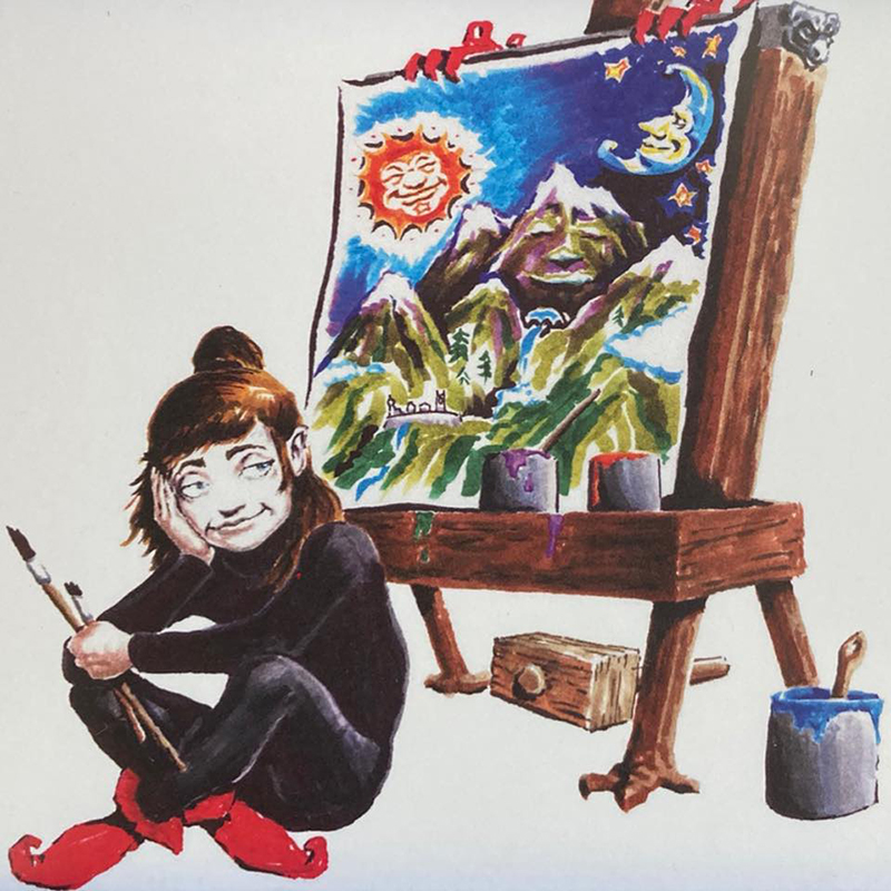 Image of Chisella from Chisel a Grey Stone in front of her easel with brushes and paint. From Michael Roughton's website