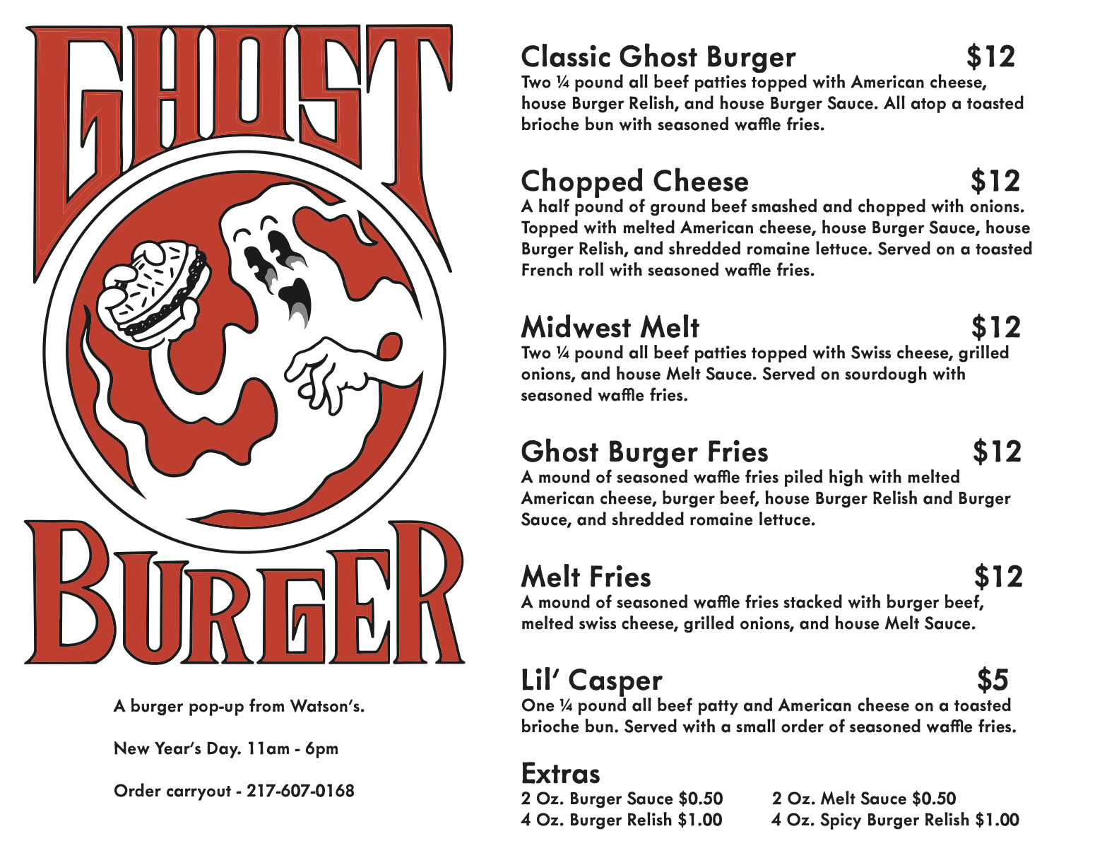 A restaurant menu with food options listed on the right hand side, and the left hand side has a red and black Ghost Burger logo.