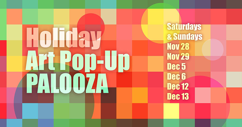 Multicolored grid design with Holiday Art Pop-Up Palooza event information. Image from Facebook
