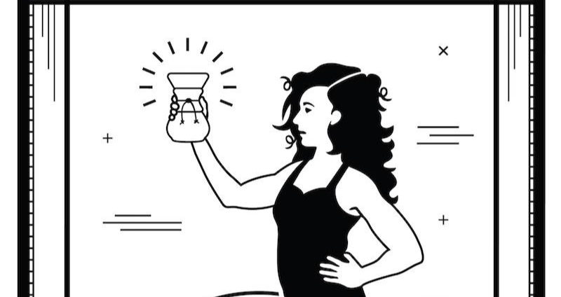 A cropped version of Page Roasting Company's logo featuring owner Erin Erdman in a tarot card style holding a beaker of coffee. Photo by Erin Erdman.