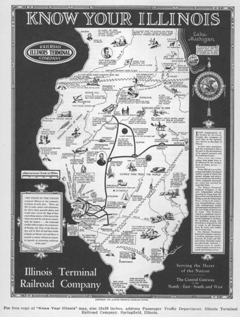 An old black and white map of the Illinois rail system in 1950. It's titled Know Your Illinois. Image from Illinois Traction Society website.
