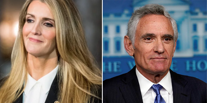 Side by side head shots of Kelly Loeffler and Scott Atlas. Loeffler has long blond hair, and is wearing a white collared shirt and dark jacket. Atlas has gray hair, is wearing a suit and tie, and is standing in front of a blue backdrop with an image of The White House on it. Photo of Loeffler (left) by Getty Images, Atlas (right) by NPR Illinois by Evan Vucci/AP.