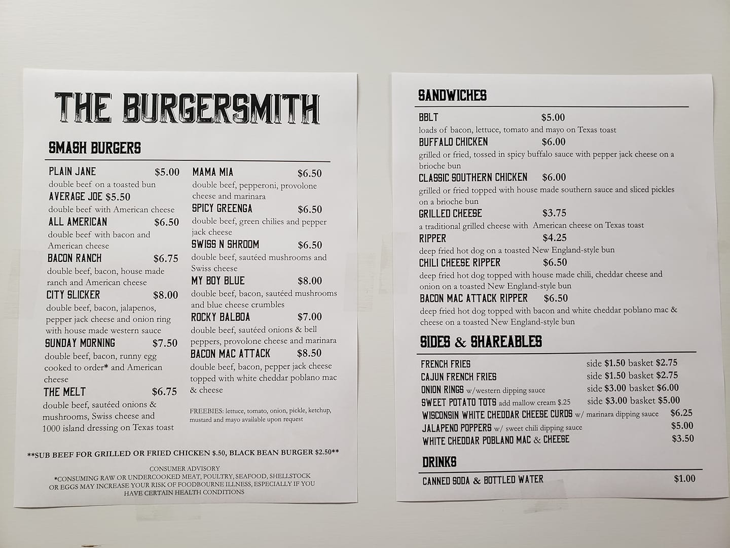 Photo of menu at The Burgersmith food truck. Various burgers, sandwiches, and sides range from $3.50 to $8.50. Photo from The Burgersmith's Facebook page. 