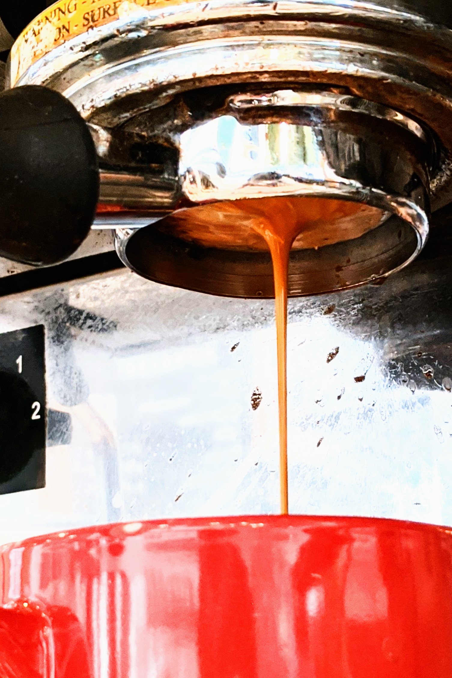 A crisp shot of espresso pouring into a red mug at Caffe Paradiso. Photo provided by Caffe Paradiso.