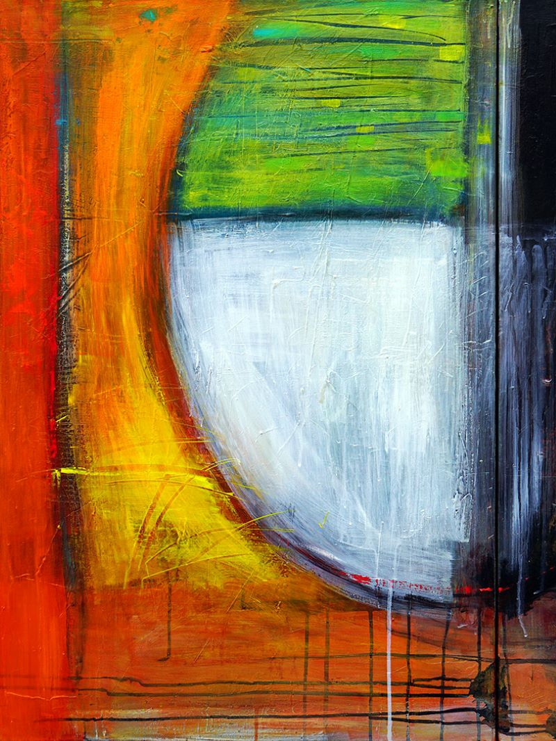 An image of an abstract acrylic painting with red, orange, green, white, and black forms. Image provided by 40 North.