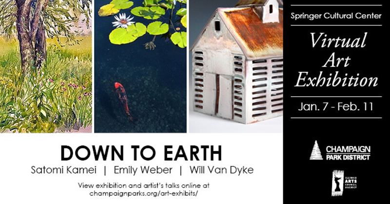 Postcard image featuring three painting from Down to Earth, the new virtual art exhibition offered by the Springer Cultural Center. Image from their website