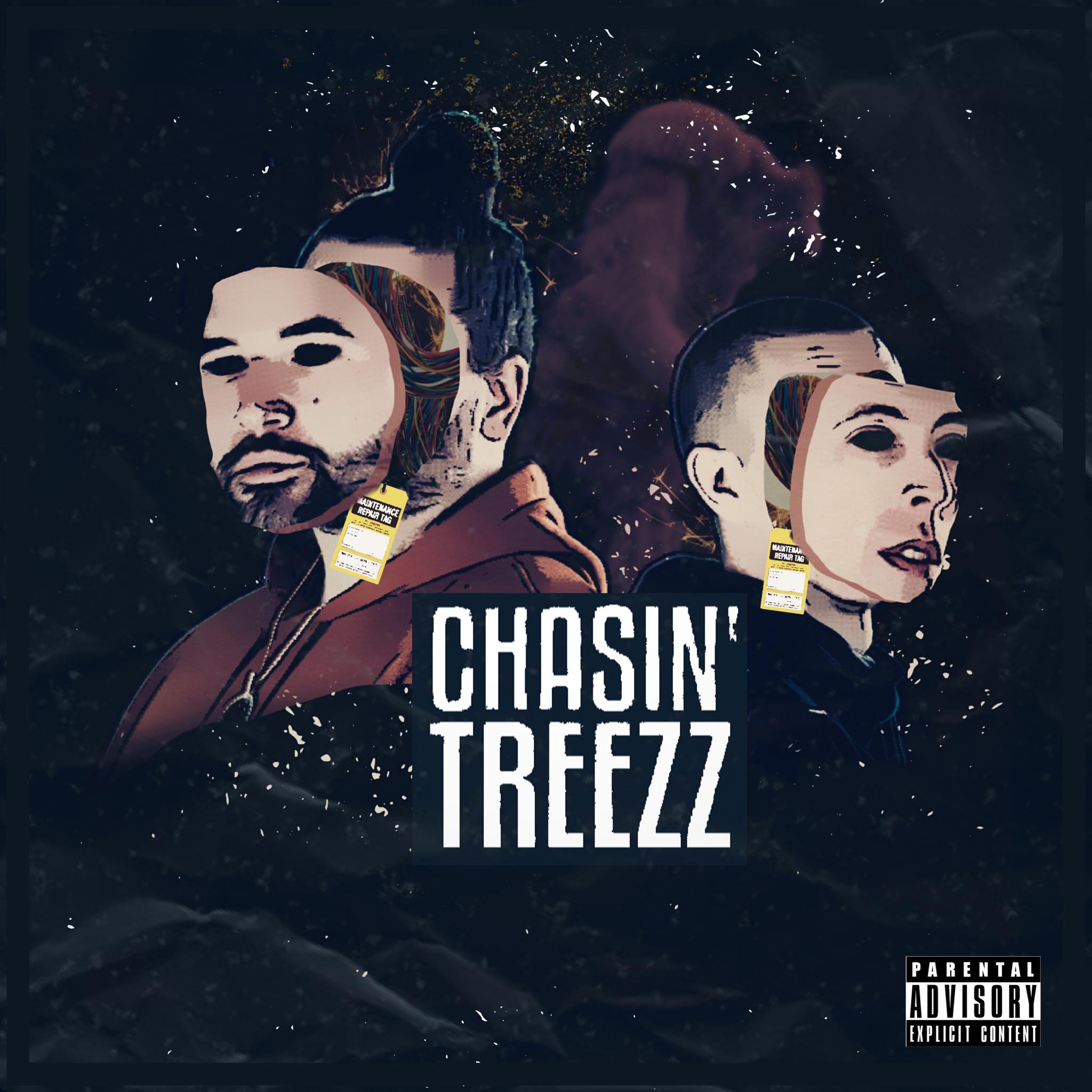 Album art for Chasin' Trees, featuring a black background, and in the foreground, two faces popping out from the heads of two bodies. The eyes on each are missing.