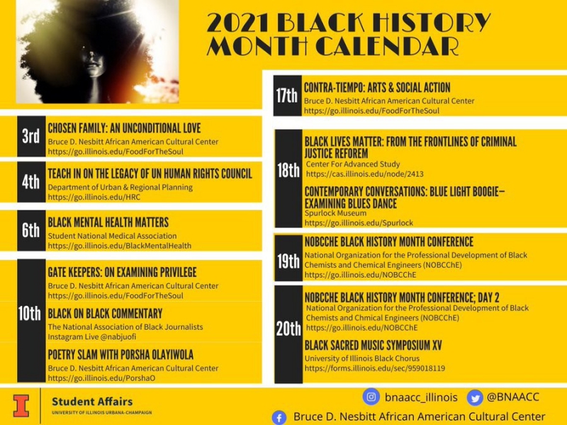 A poster with a yellow background and black lettering that says 2021 Black History Month Calendar. There is an image of a woman with an afro in the corner. Image from BNAACC Twitter.