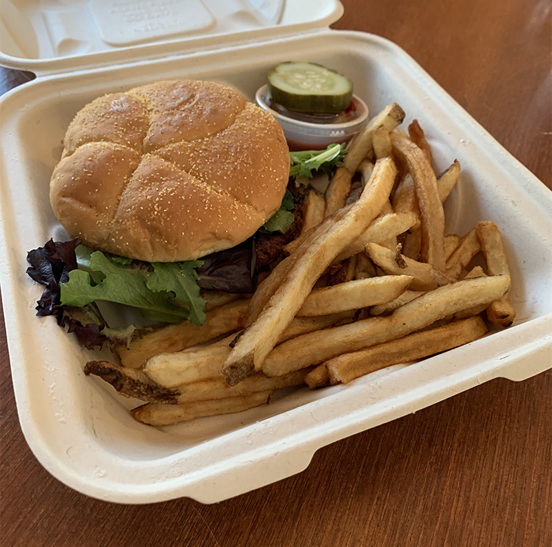 Photo of Dancing Dog's Beyond Meat Burger with fresh cut fries. Photo by Debra Domal 