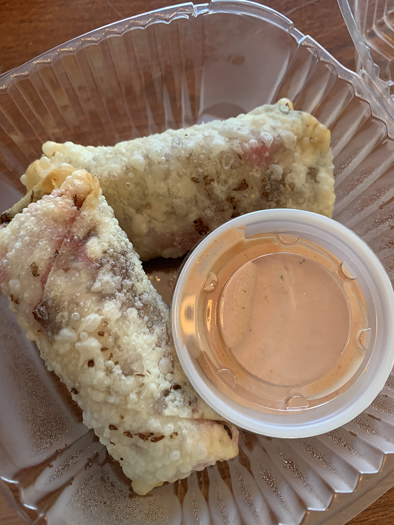 Photo of Dancing Dog's Reuben Egg Rolls with Dipping Sauce. Photo by Debra Domal 