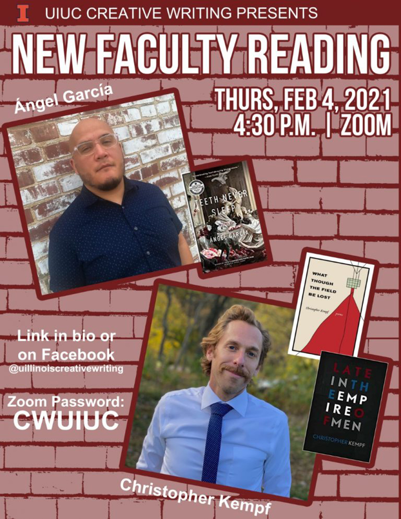 Photos of poets Ãngel GarcÃ­a and Christopher Kempf on an informational flyer about their February 4th Zoom reading at 4:30 p.m. Photo from website