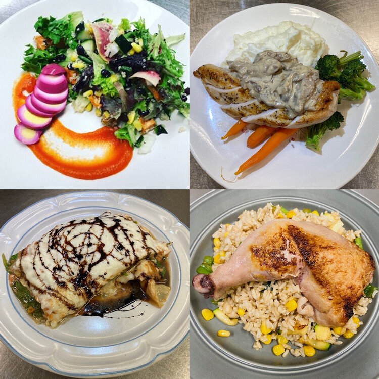 Photo of four photos combined together in one image. The top image is a bright and colorful salad, the top right image is a white-gray cream sauce over chicken with a side of broccoli and mashed potatoes. The bottom left is a dish with a large white covered over some meat with a lot of drizzle of balsamic glaze, and the bottom right is a chicken leg and tigh over a bed of rice with corn. Photo from We Locavore's website. 