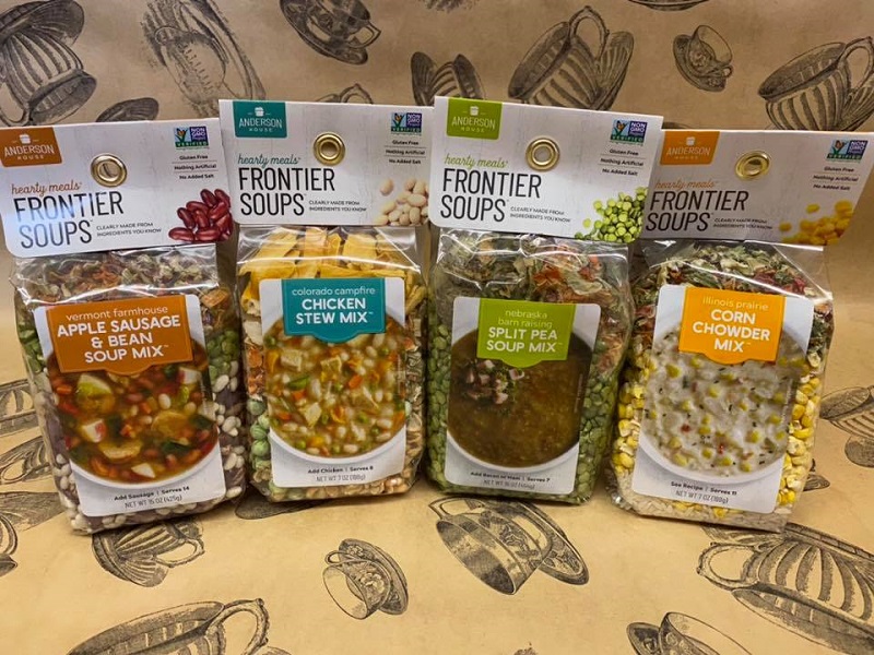 A collection of Frontier Soups soup mixes named: Corn Chowder Mix, Split Pea Soup Mix, Chicken Stew Mix, and Apple Sausage and Bean Mix. Photo provided by Walnut Street Tea Company.