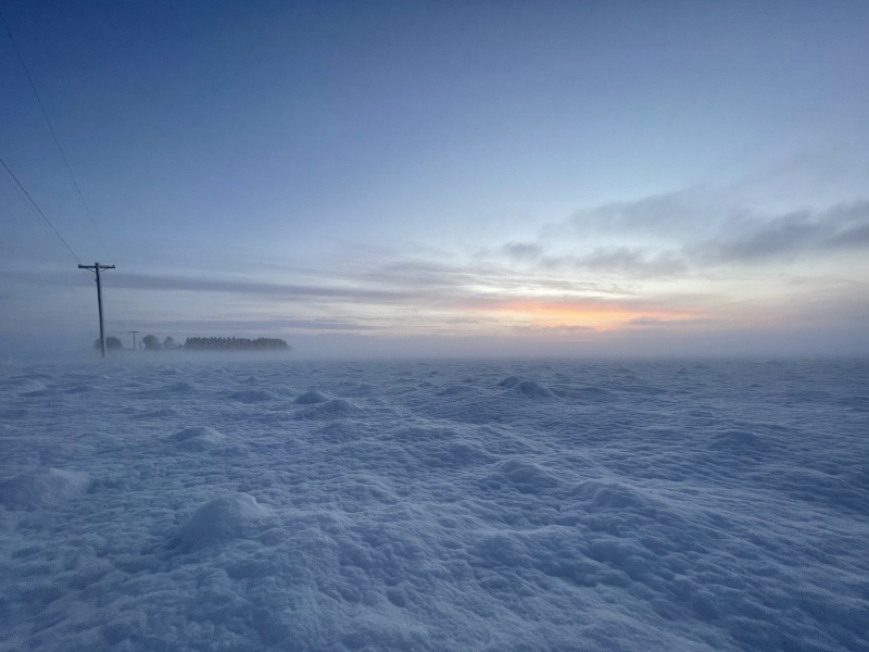 A vast expanse of a snowy field, with a layer of fog near the ground, and bright blue sky. Photo by Andrew Pritchard.