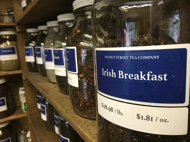 Shelf with many teas where Irish Breakfast is prominently displayed with a cost of $1.81 per ounce. Photo provided by Walnut Street Tea Company.