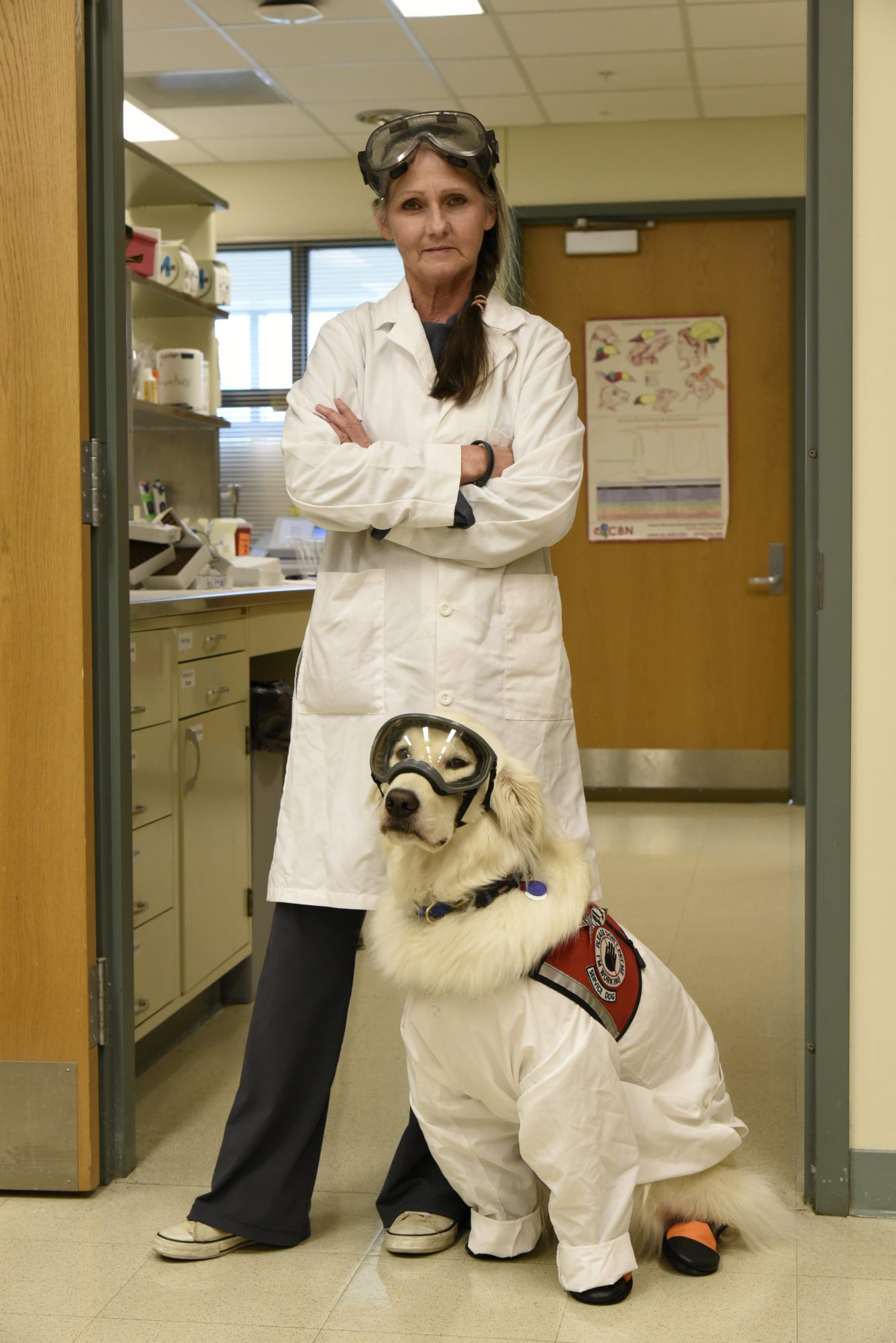 A person wearing a lab coat stands next to a golden retriever, who is also wearing a lab coat and goggles, in a lab.