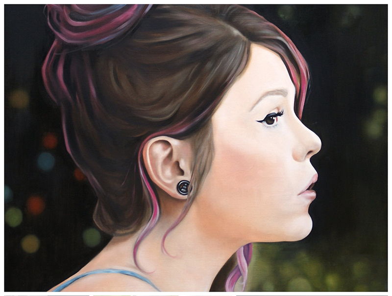 Photo of oil portrait of brunette woman in side profile. Photo from Giertz Gallery Facebook page