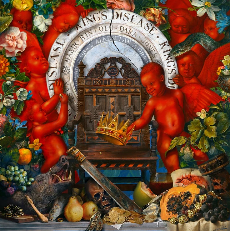 Album art for Nas' album The King's Disease, featuring renaissance style themes, angelic figures colored in red, surrounded by flowers. Artwork by Harmonia Rosales.  