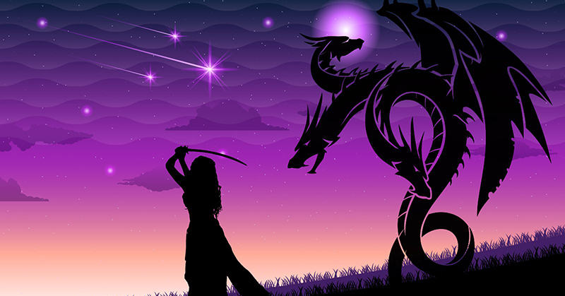 Illustration of female warrior, sword in hand, facing off a monster at dusk. Image from the KCPA Facebook page.