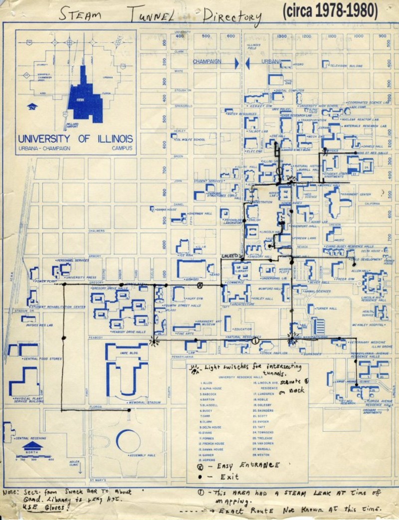 A map on yellowed paper of the University of Illinois campus. Someone has taken a black pen and drawn in the steam tunnel locations and made other notations. Image from Reddit.