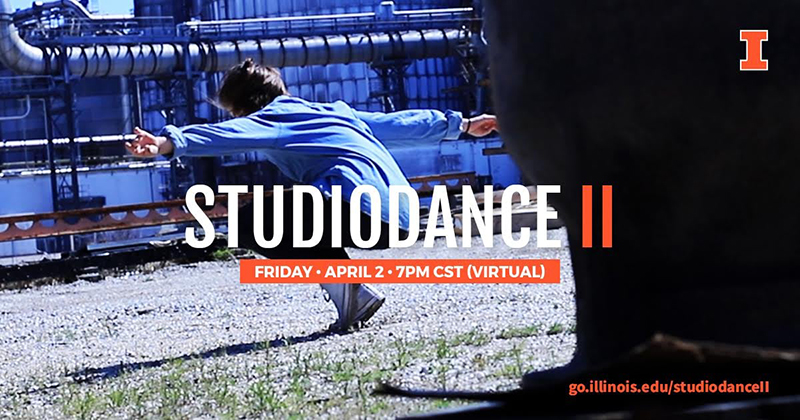 Promtional image for Studiodance II with single dancer facing away from camera at an industrial location. Photo from Dance at Illinois Facebook page.