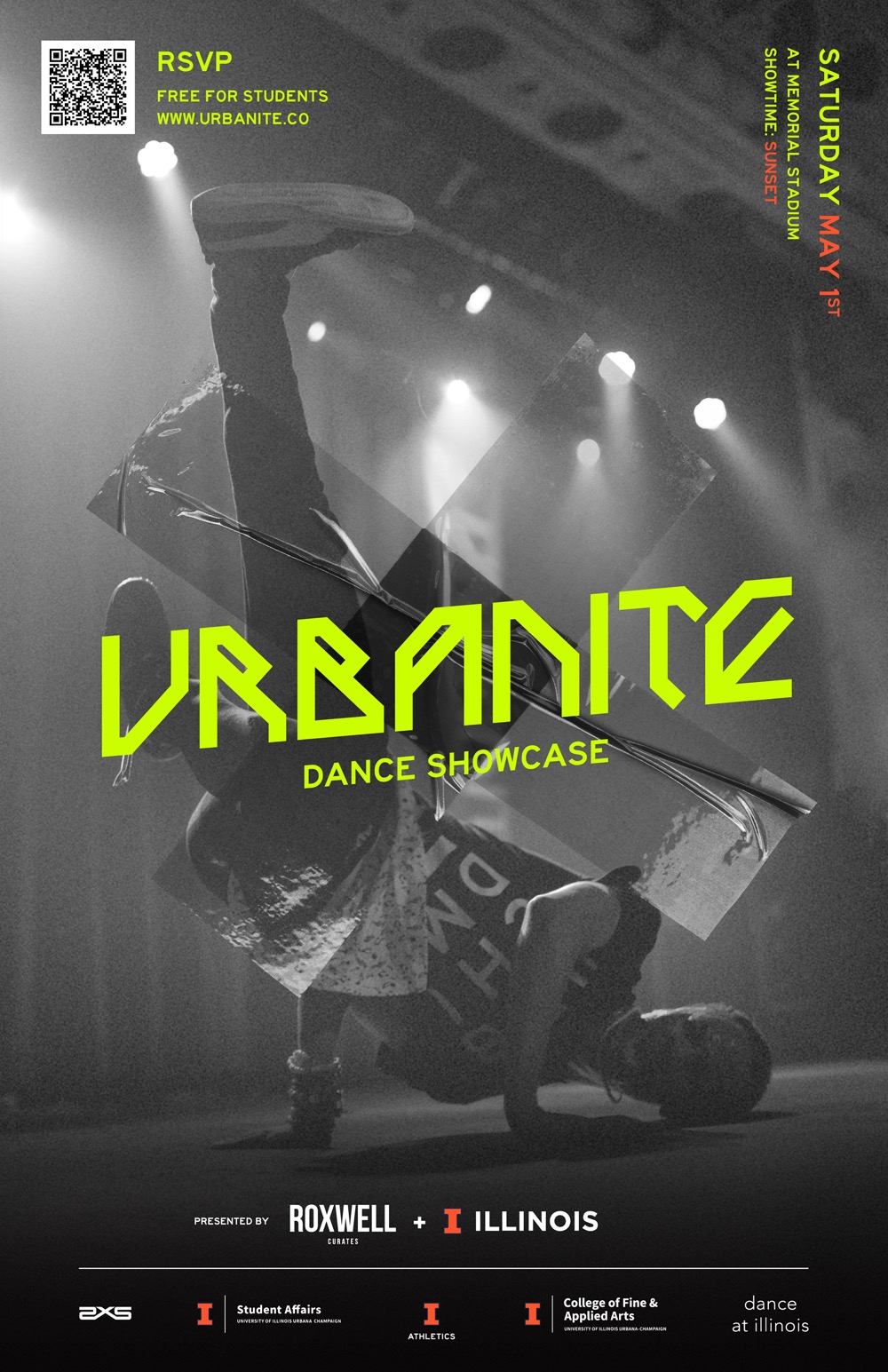 Urbanite poster featuring a person dancing on a stage, with neon yellow text overlaying it with details about the event.
