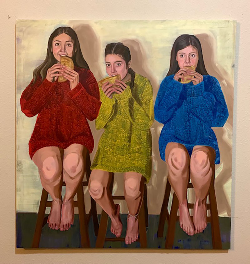 Painting of three young women in long sweaters and exposed legs eating empanadas. Empandas by Pascale Grant. Photo by Pascale Grant. 