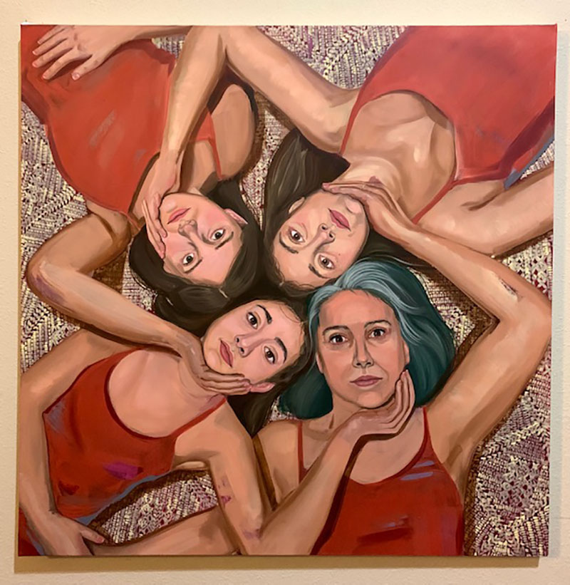 Painting of circle of women with arms entwined.  Ciclos by Pascale Grant. 2021. Photo by Pascale Grant.
