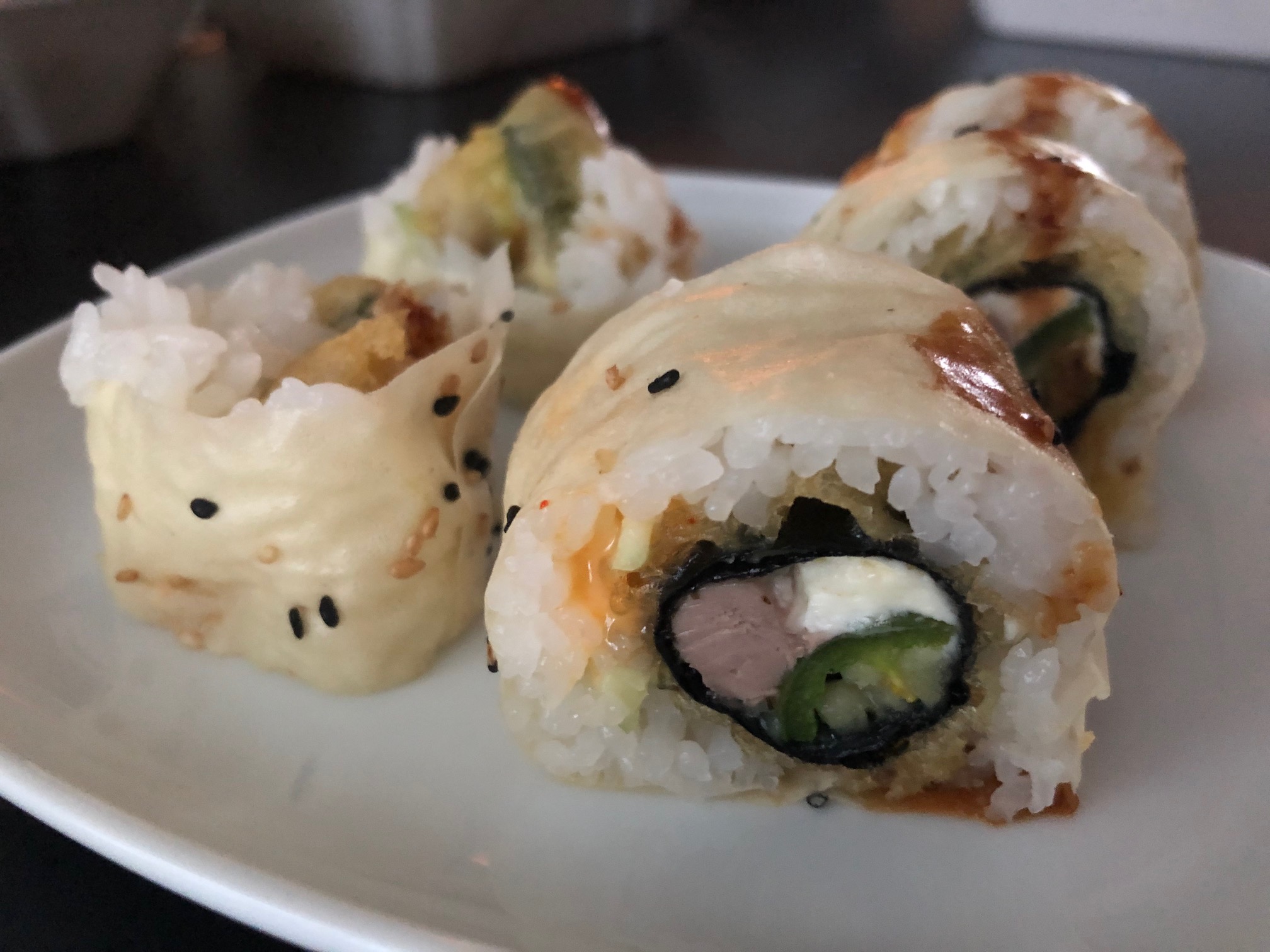 A close up of the spitfire sushi roll from Sushi Kame in Champaign. Photo by Alyssa Buckley.
