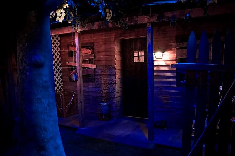 A dark escape room with a creepy cabin theme is photographed. There is a large tree in the center with a dimly lit cabin and small wooden front porch. Photo from CU Adventures in Time and Space's website.